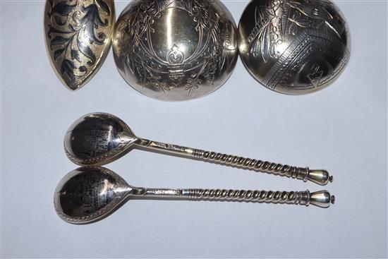 A Russian 84 zlotnik silver gilt and niello spoon, assay master probably Andrei Koralsky, 1842, L 17.5cm and four other Russian spoons